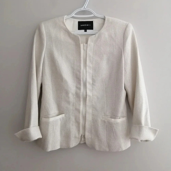 Lafayette 148 New York White Tweed Collarless Zip Up Blazer Size 4 - Picture 6 of 16